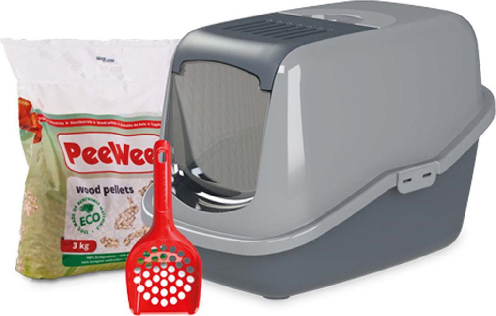 PeeWee Katzenklo EcoHus mit Haube geschlossen inkl. 3kg Streu Holzpellets + Schaufel