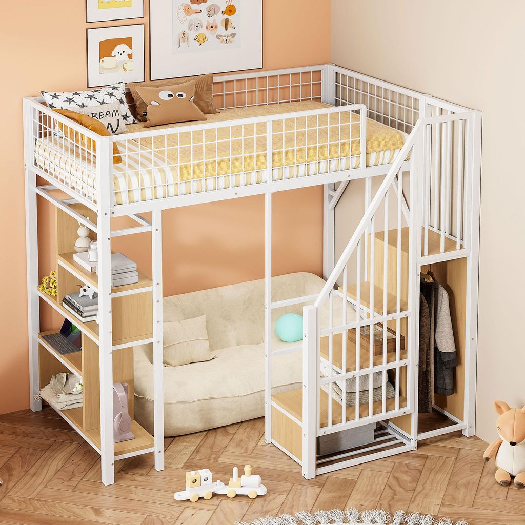 MODFU Hochbett 90x200 Metallbett für Jugendliche ohne Matratze, Erwachsenenbett mit Treppe, Ablageflächen und offenem Bereich darunter, Weiß
