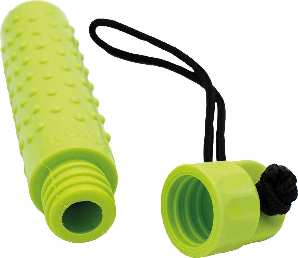 A bright green silicone dog toy, a hollow tube with a textured surface, and its cap are shown against a white background. The cap is attached to the tube by a black cord.