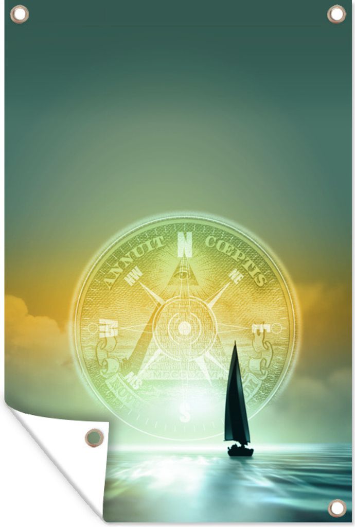 MuchoWow 40x60 cm Outdoor-Poster Gartendeko Sichtschutz Garten Poster für den Garten Segelboot mit einer Kompassrose im Hintergrund