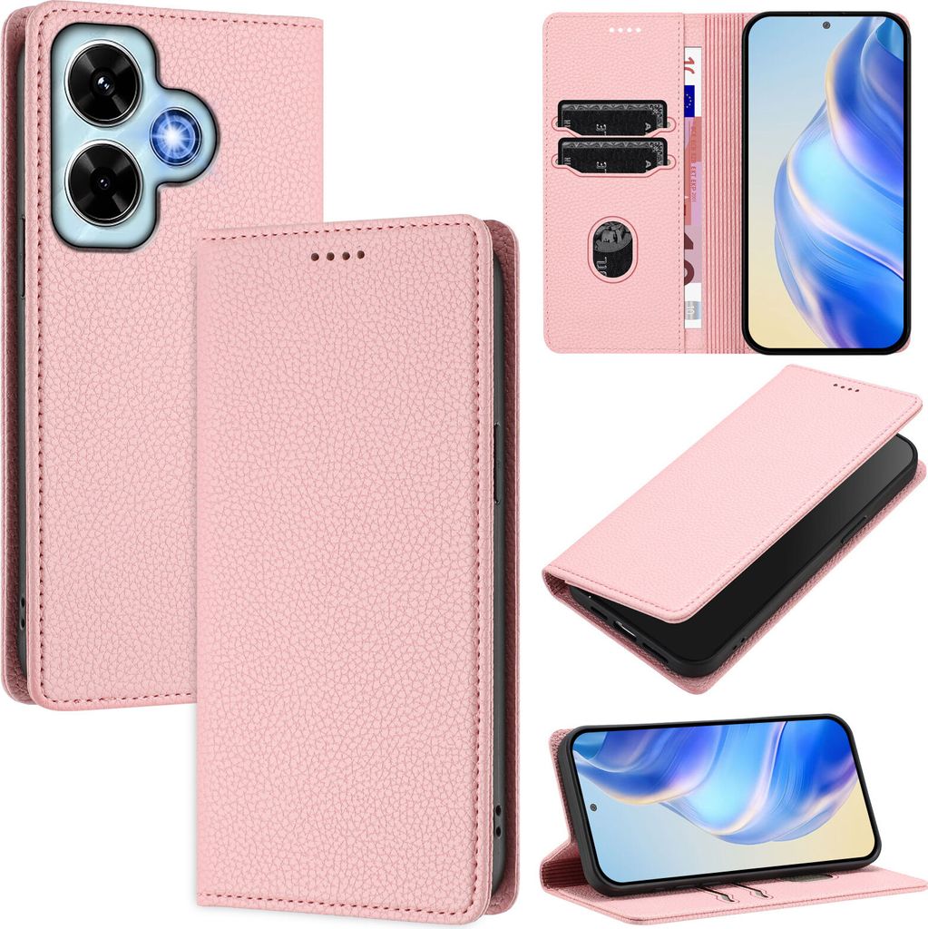 Litchi Leder Handyhülle für Xiaomi Redmi Note 13 4G Wallet Kartenfächer Standfunktion Hülle Pink