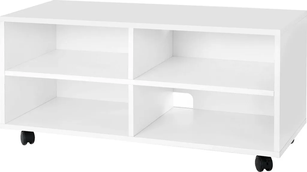 Meuble TV compact sur roulettes pivotantes avec étagère de rangement