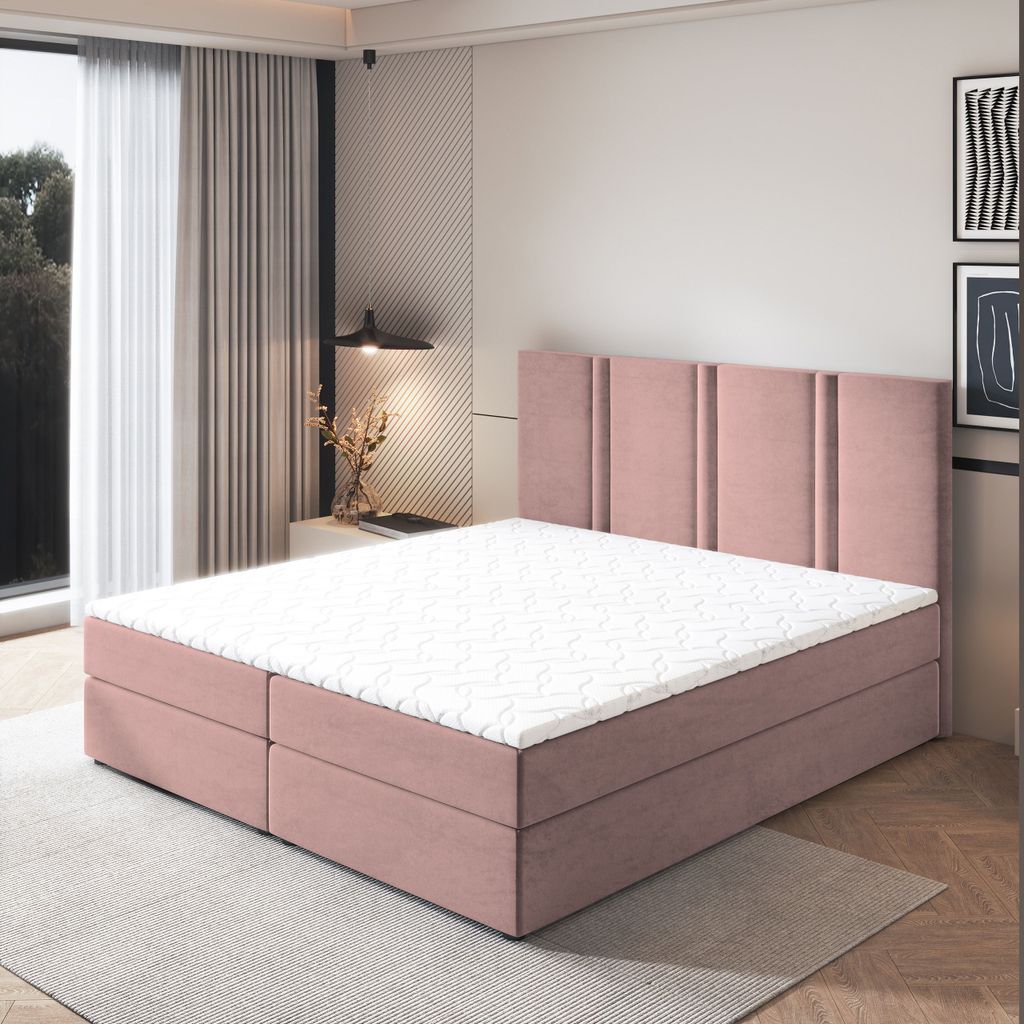 Masseno Boxspringbett LARIO 140x200 cm Komplett-Set mit Bonell Matratze und Topper, Polsterbett mit Bettkästen -Rosa, KRONOS 27