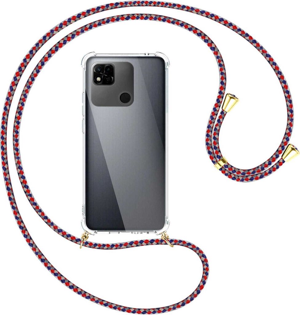 Handykette Backcover-Schutzhülle mit Band (Metall goldfarben) für Xiaomi Redmi 10A (220233L2, 6.53'') - silber/blau/rot