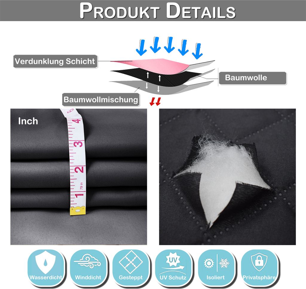 100% Verdunkelung Thermo Vorhänge Grau Blickdicht Produktbild 11