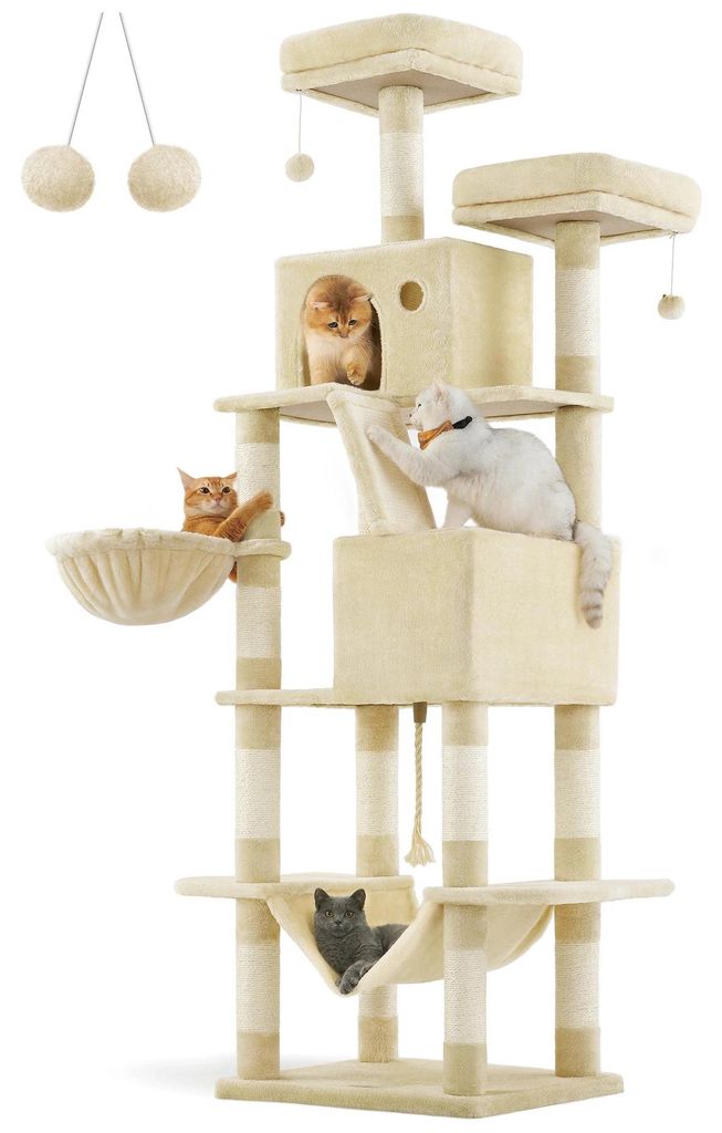 Kratzbaum Kletterbaum - XXL Katzenbaum - 206 cm Hoch - 13 Sisalstämme - 2 Plattformen - 2 Höhlen - Korb-Hängematte - Plüschbälle - Beige
