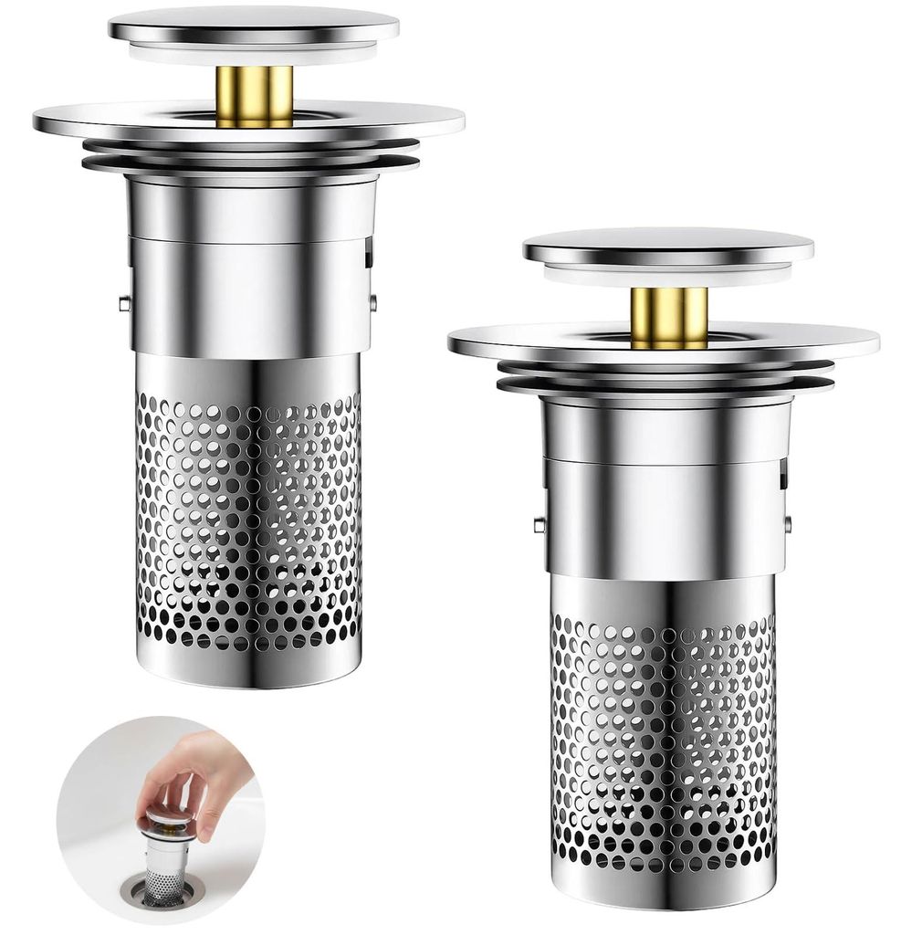 Set mit 2 Spülbeckenstöpseln, Abflussstopfen, Abflusssieben, Spülbeckenstöpseln mit Sieb, Edelstahl-Design, einfach zu bedienen, ideal für Kü...