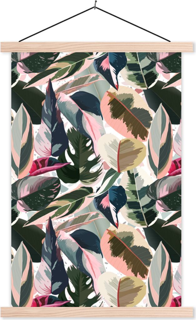 MuchoWow Textilposter Tropisch - Rosa - Blätter 120x180 cm mit holzfarbenen Rahmen - Textil-Plakat