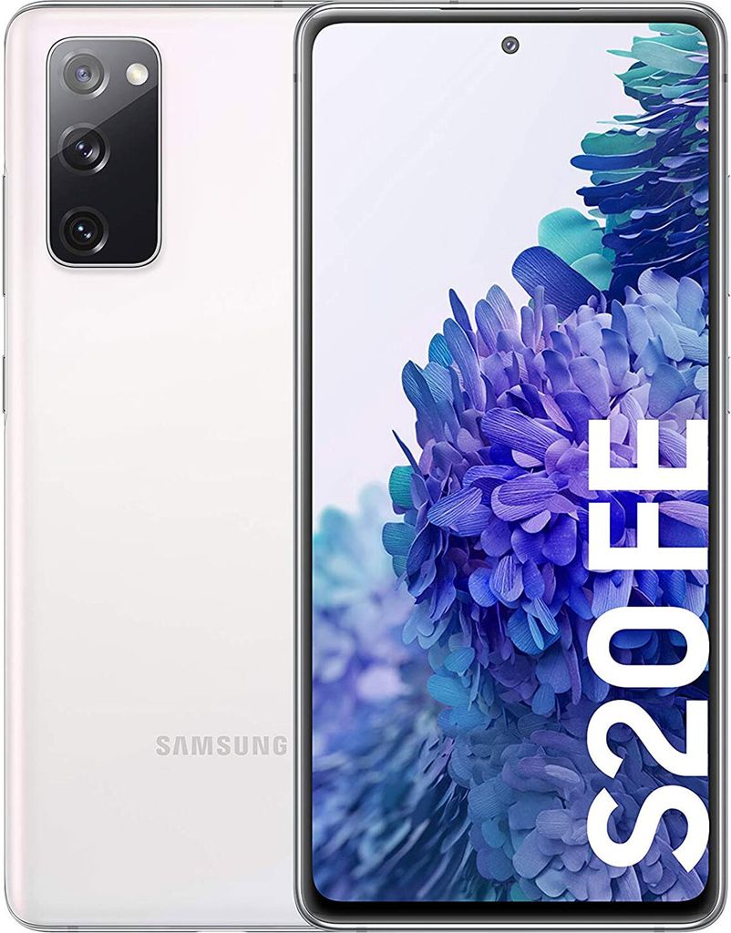 A white Samsung Galaxy S20 FE smartphone is shown from the front and back, with a floral background on the screen.