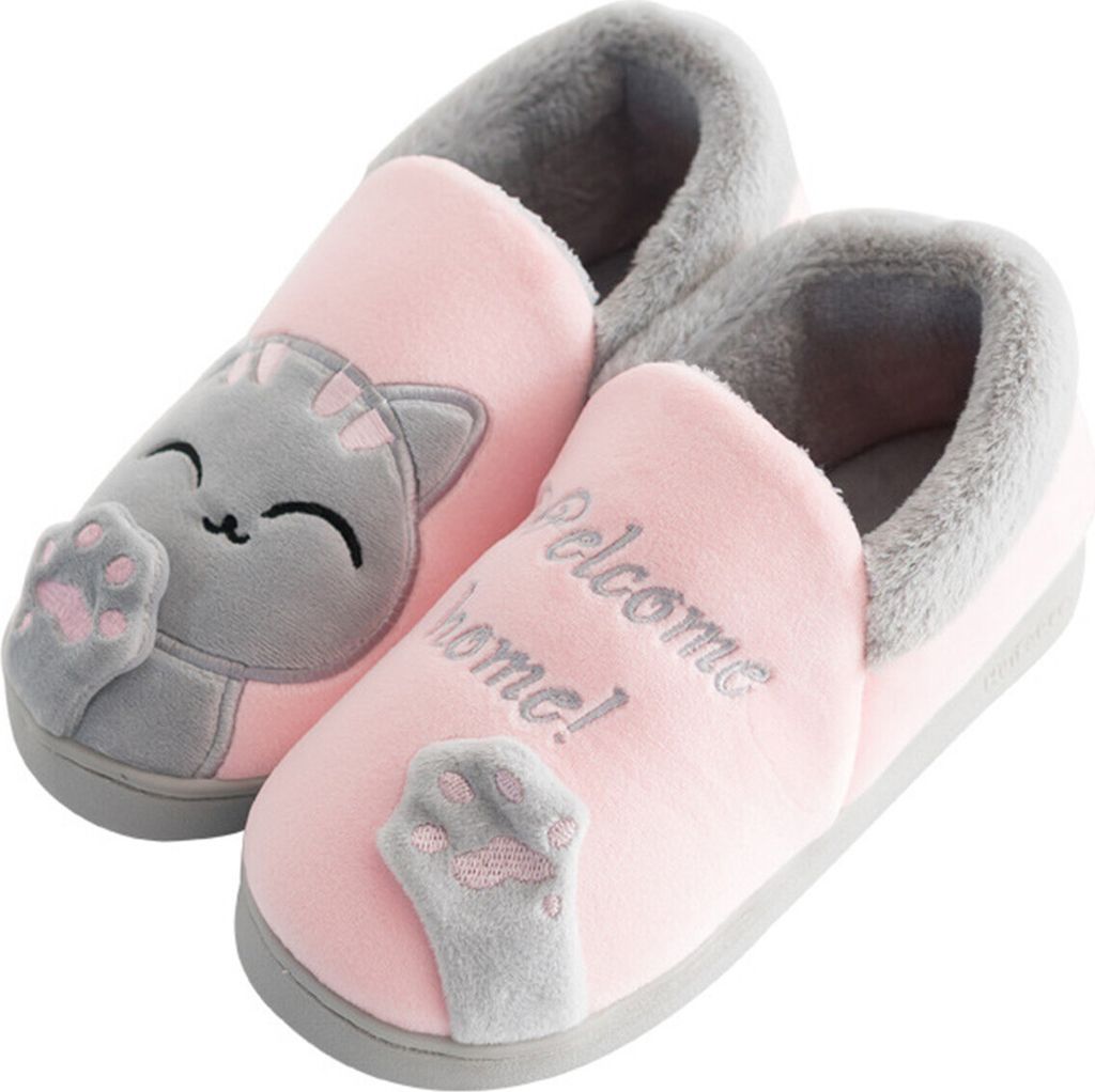 ASKSA Damen Herren Pluesch Baumwolle Hausschuhe Damen Herren Winter Warme Gefuettert weiche Pantoffeln mit Cartoon Katze rutschfeste Slippers Hause...