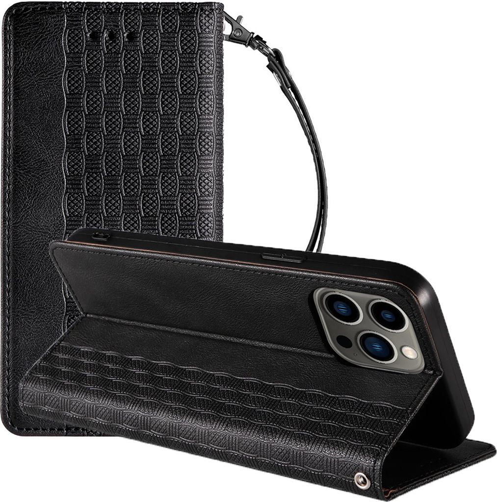 Magnetband Fall Iphone 14 Pro Fall Mit Klappe Brieftasche Mini Lanyard Stand Schwarz