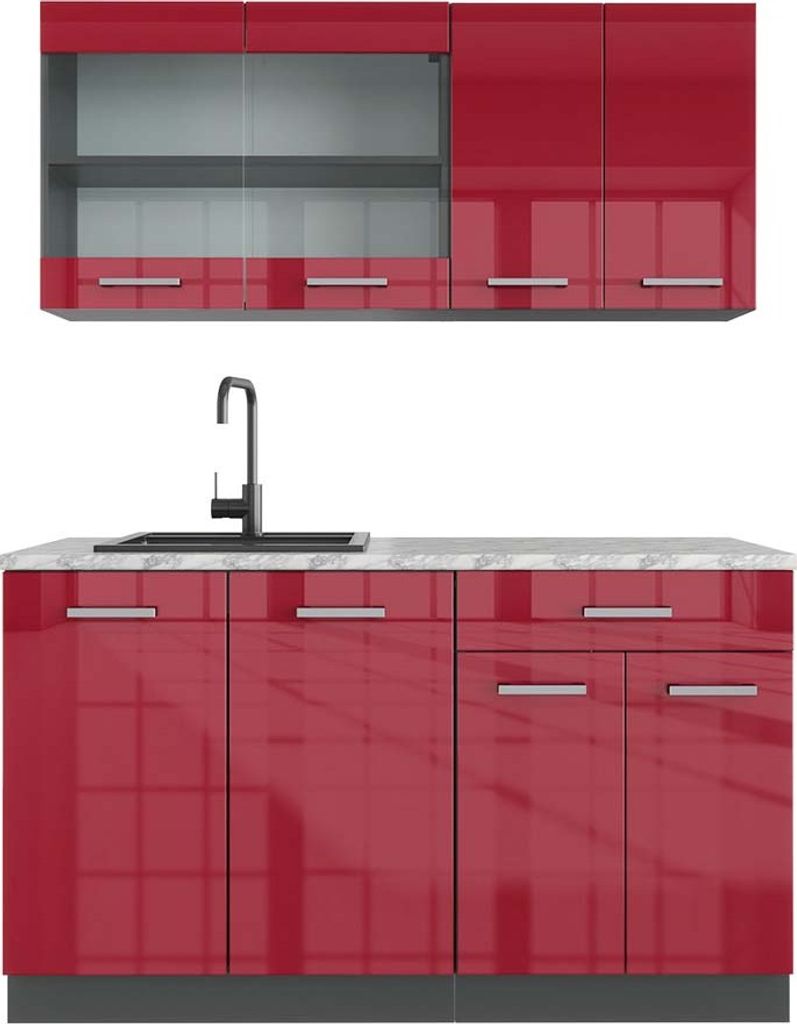 Singleküche Vicco R-Line Rot Hochglanz 140 cm , AP Marmor, Produktbild 