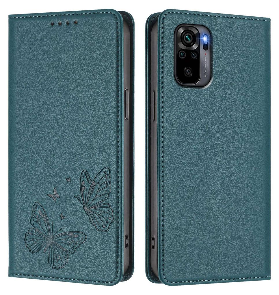 Lederhülle für Xiaomi Redmi Note 10S/Note 10 4G, Schmetterling Prägung Leder Brieftasche Schutzhülle mit Ständer Grün