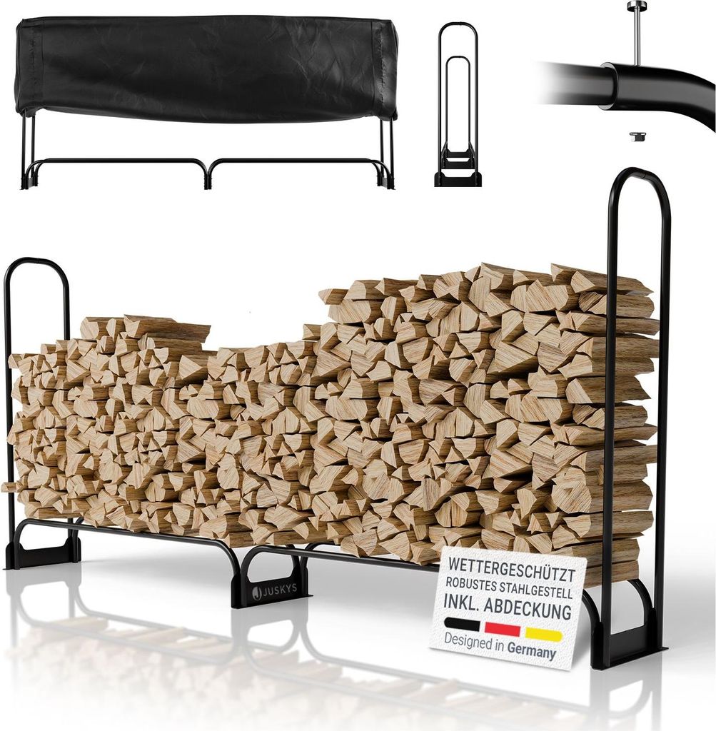 Juskys Kaminholzregal L 260x117x36 cm, außen aus Metall mit Abdeckungung, Feuerholzregal
