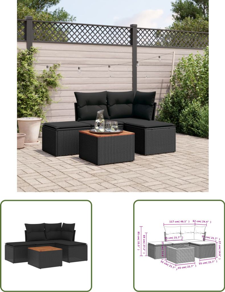 The Living Store 5-tlg. Garten-Sofagarnitur mit Kissen Schwarz Poly Rattan