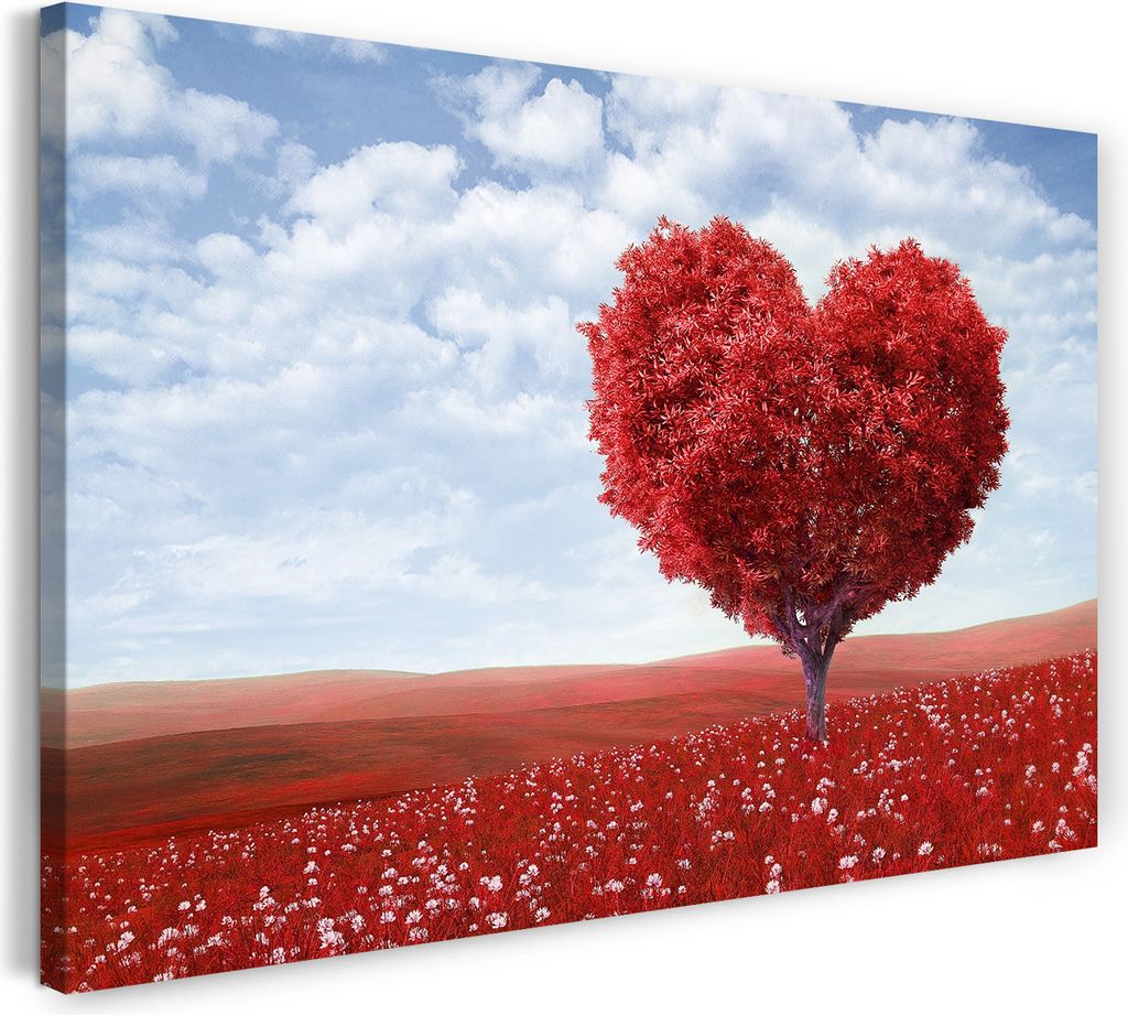 Leinwandbild (80x60cm): roter Baum mit Herzforn in roter Blumenlandschaft, echter Holz-Keilrahmen inkl. Aufhänger, handgefertigt in Deutschland