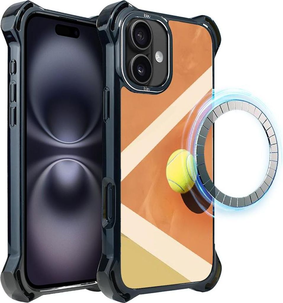 Schutzhülle für das iPhone 16 Plus, MagSafe-kompatibel, verstärkte Ecken, schwarz, Tennisball, Spielfeld