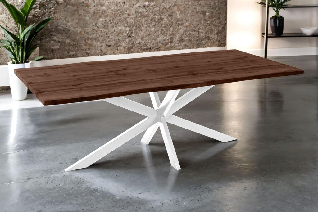 Esstisch Josy | 220 x 100 cm | Holz Nussbaum-Optik | Spider-Gestell Metall weiß | 40 mm Tischplatte mit Baumkante | Tisch für Esszimmer & Küche