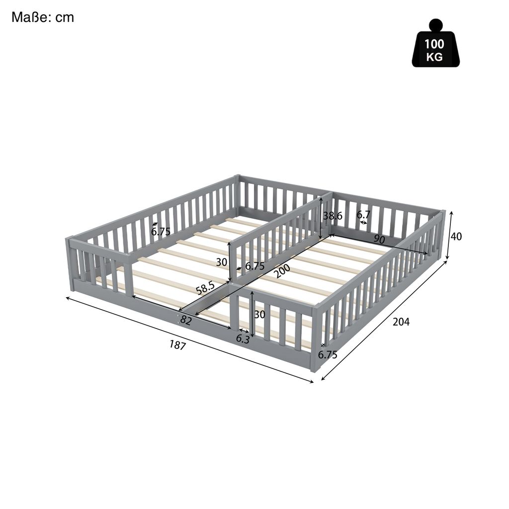 A diagram of a grey wooden children's bed with dimensions indicated.
