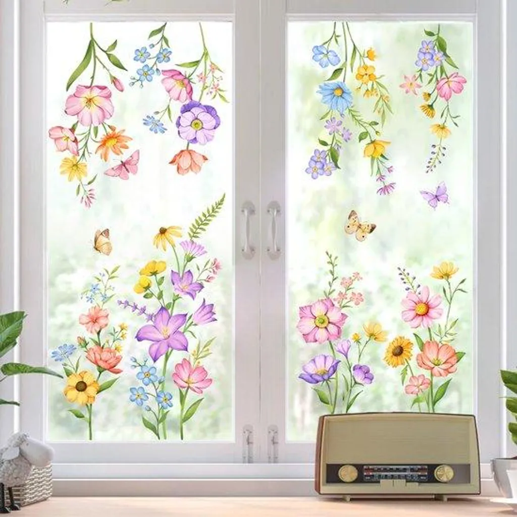 Autocollants de Fenêtre Fleurs Colorées Statiques Double Face - 12 Pièces