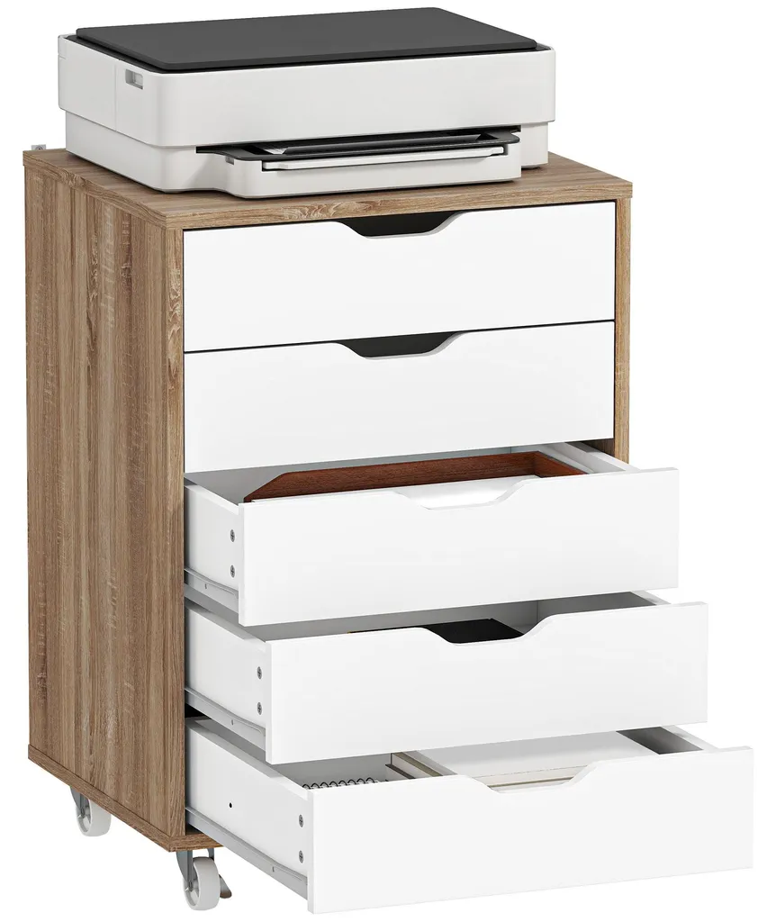 Caisson bureau mobile blanc et chêne avec 5 tiroirs - 47,5x39,5x67,5 cm
