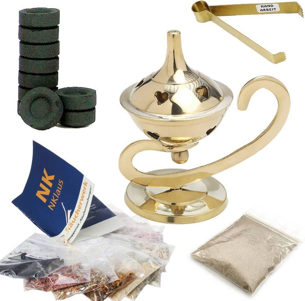 14tlg Räucherset Weihrauchgefäß Messing Weihrauch - Starterpaket Kohle und Zange