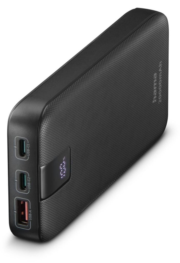 A black power bank with multiple ports and a digital display.