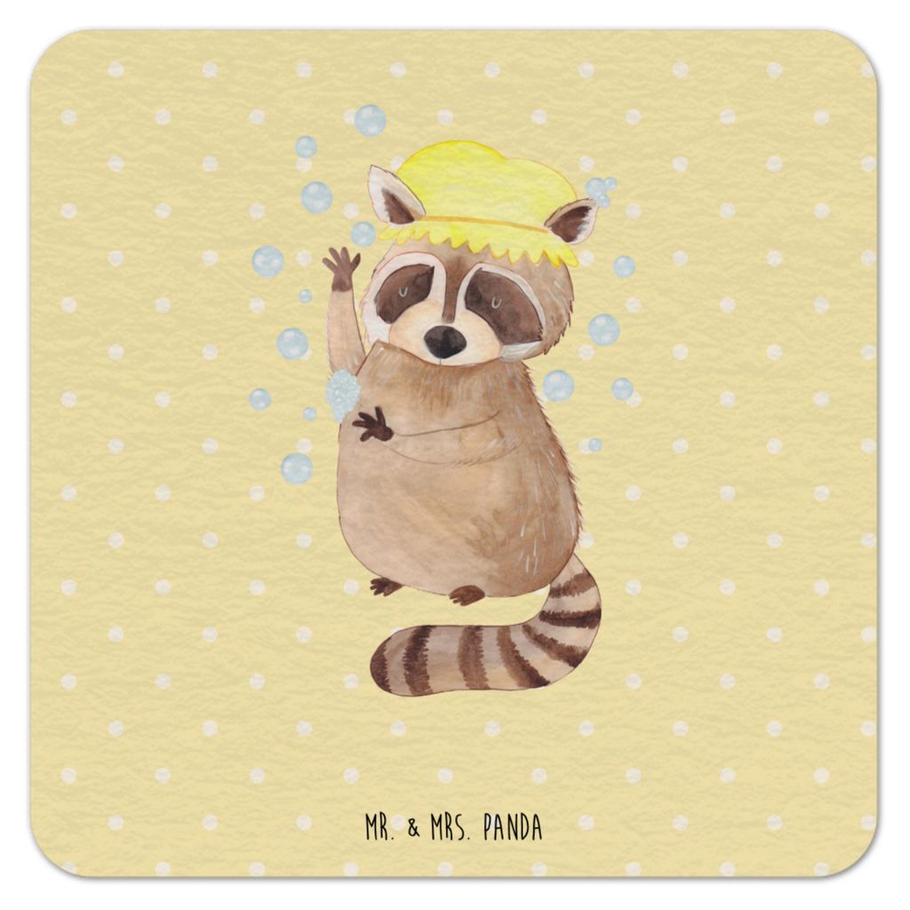 Mr. & Mrs. Panda Tischuntersetzer Waschbär 25er Set - Gelb Pastell - Geschenk, Lustige Sprüche, Seifenblasen, Tassenuntersetzer, Bierdeckel, Plan...