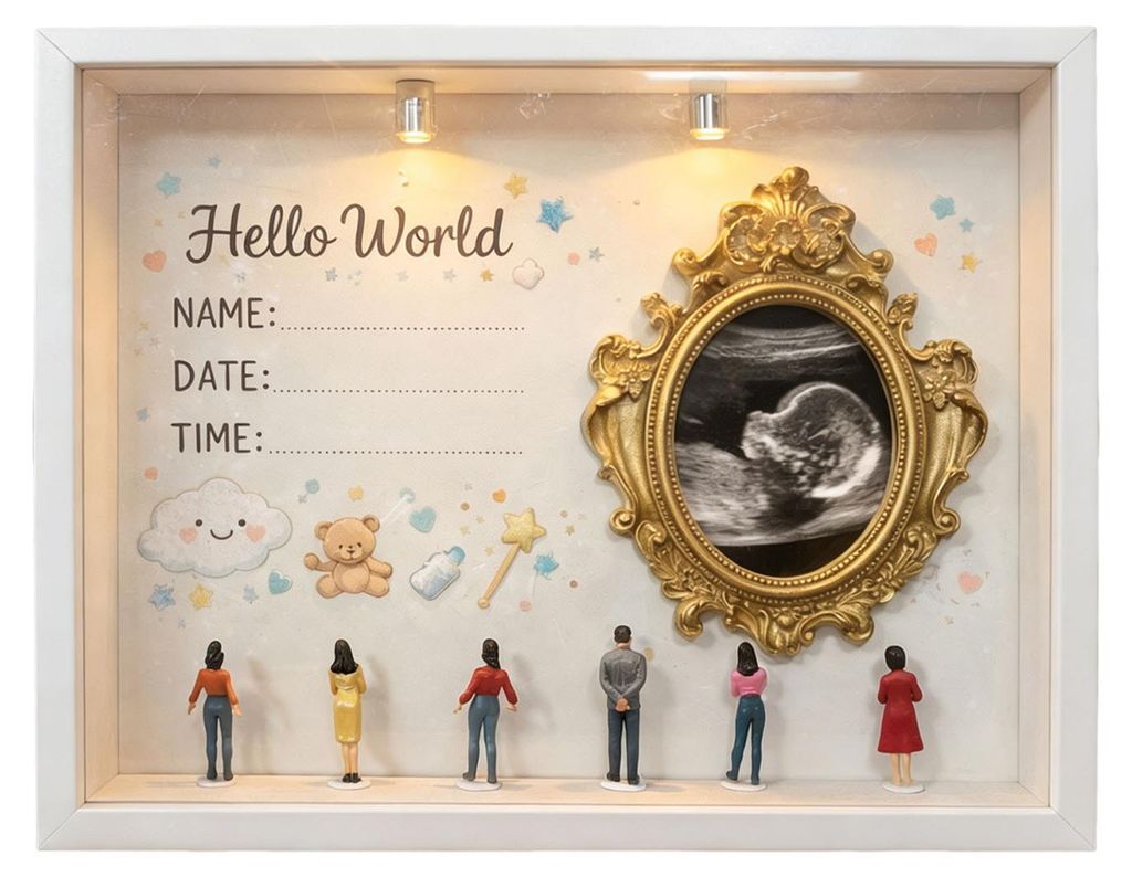 DIY Mini-Museums-Silhouette-Box mit beleuchtetem Foto-Display-Rahmen-Set, inklusive Mini-Goldrahmen und Figuren – Erinnerungsstück für Neugeborene