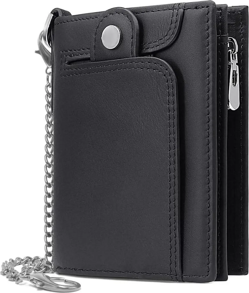 Porte-monnaie cuir véritable zippé pour homme avec blocage RFID et chaîne