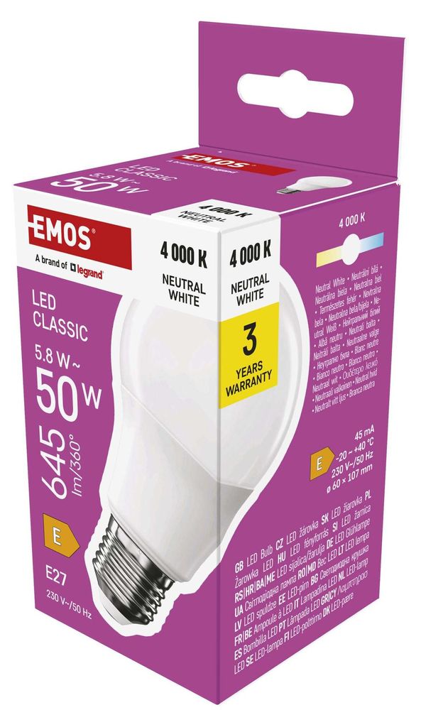 LED žárovka Classic A60 / E27 / 5,8 W (50 W) / 645 lm / neutrální bílá