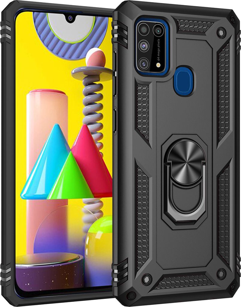 LaimTop Schutzhülle für Samsung M31, Dual Layer Robust Militäre Fallschutz Hülle mit Ringhalterung Ständer für Samsung Galaxy M31 Schwarz