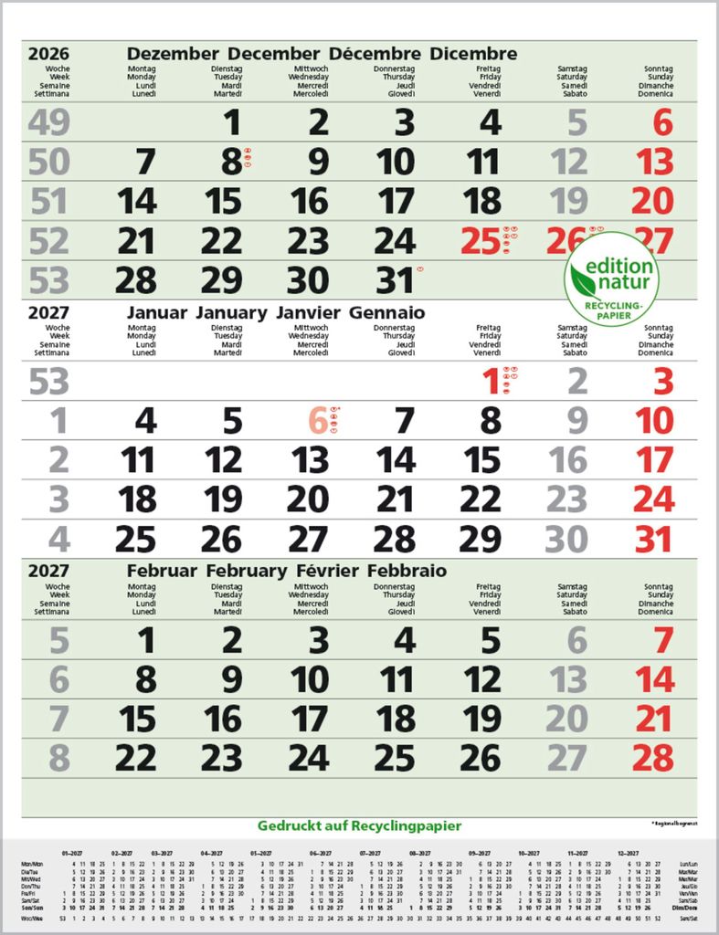 3-Monats-Planer Comfort Recyclingpapier 2027: 3-Monatskalender groß, Nachhaltiger Wandkalender/Bürokalender, Vor-und Nachmonat und Jahresübersic...