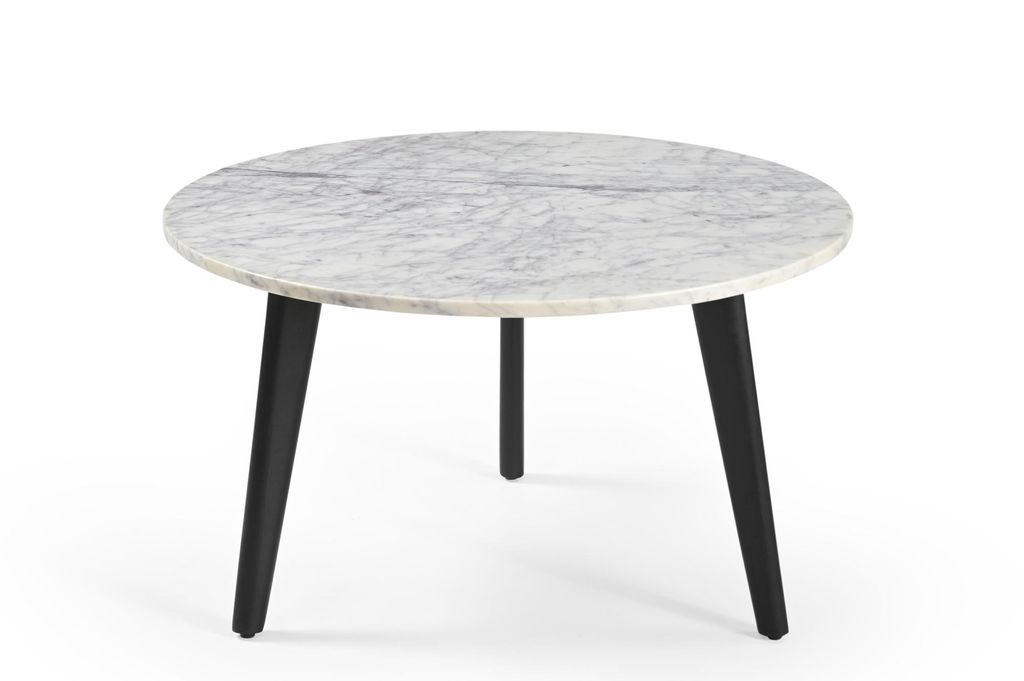 Marmoholz - Modena Couchtisch rund Ø70 cm x H40 cm – weißer Marmortisch mit schwarzem Massivholzgestell, moderner Beistelltisch im Industrial-D...