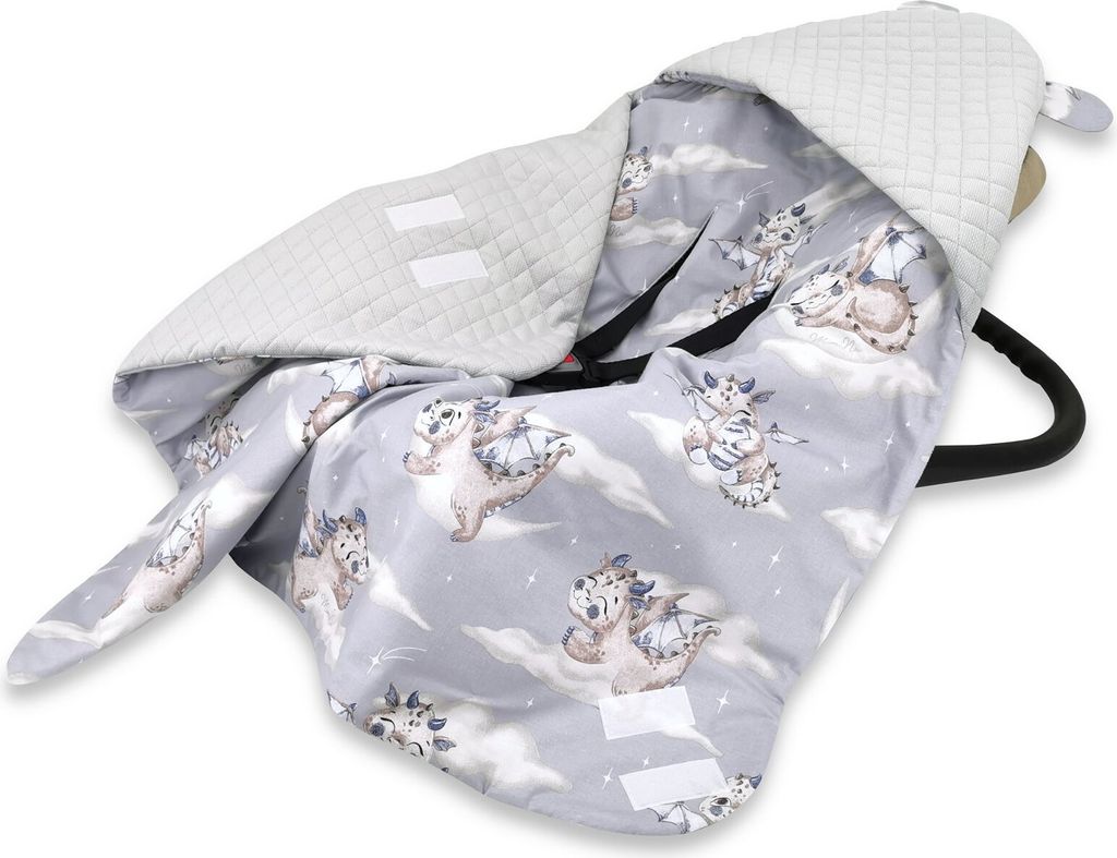 Baby-Delux Baby Einschlagdecke für Babyschale Autositz Kinderwagen 90x90cm für Winter Baumwolle Samt Drache grau