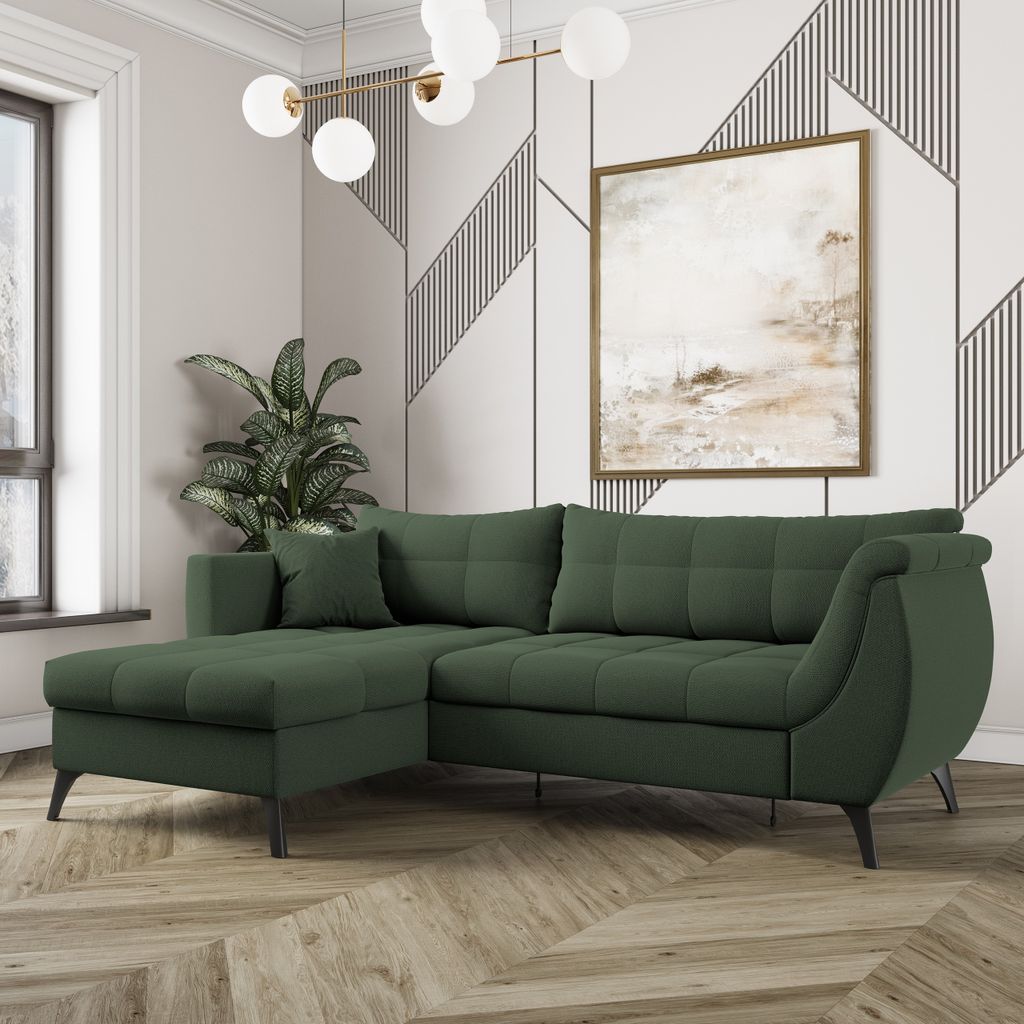 Masseno Ecksofa MOLLIS mit Schlaffunktion L-Form, Sofa mit Bettkasten, Wohnzimmersofa, Couch, Soffa, Bettsofa, Couchgarnitur- Grün, SORO 72