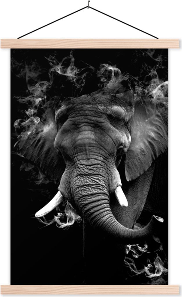 MuchoWow Textilposter Elefant mit Rauch vor schwarzem Hintergrund - schwarz und weiß 40x60 cm mit holzfarbenen Rahmen - Poster