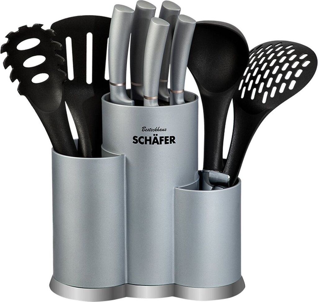 Schäfer 11-teiliges Messerblock Messer-Set sehr hochwertiges mit Bürsteneinsatz Brotmesser Spaghettilöffel Zubehör Silber