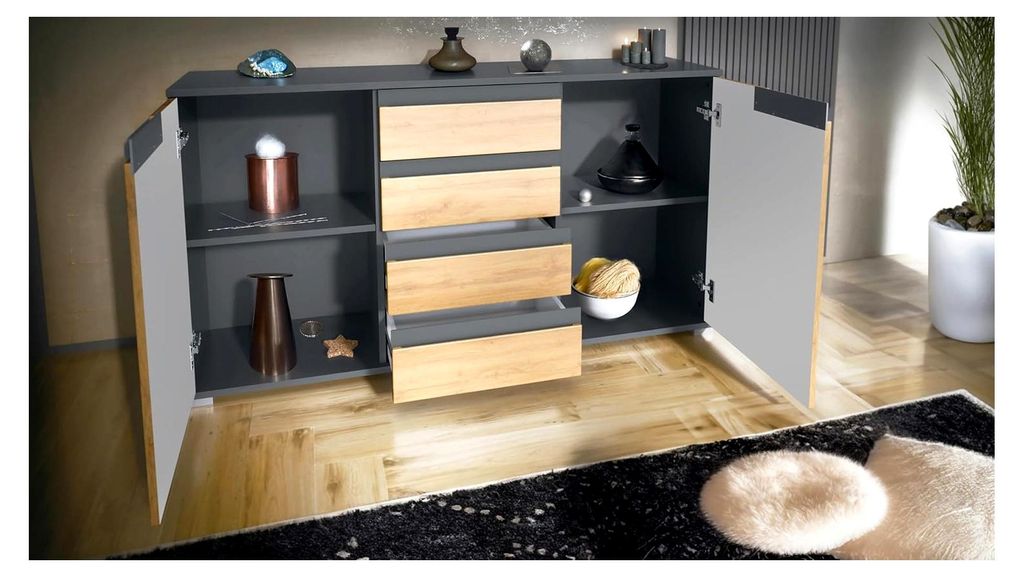 Sideboard Sylt V1, Kommode mit 2 Türen und 4 Schubladen, Korpus - Anthrazit matt/Front und Absetzung - Anthrazit matt (138,5 x 75,5 x 35 cm)