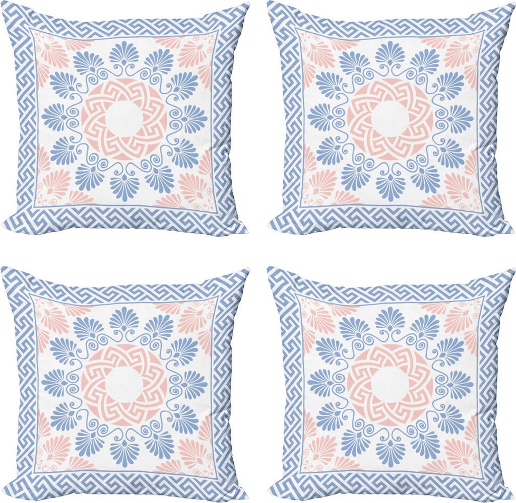 ABAKUHAUS Greek Key Kissenbezug Set (4 Stück), Pastellblumen griechischen, Moderner Doppelseitiger Digitaldruck, 60 cm x 60 cm, Baby Blue Blush Weiß