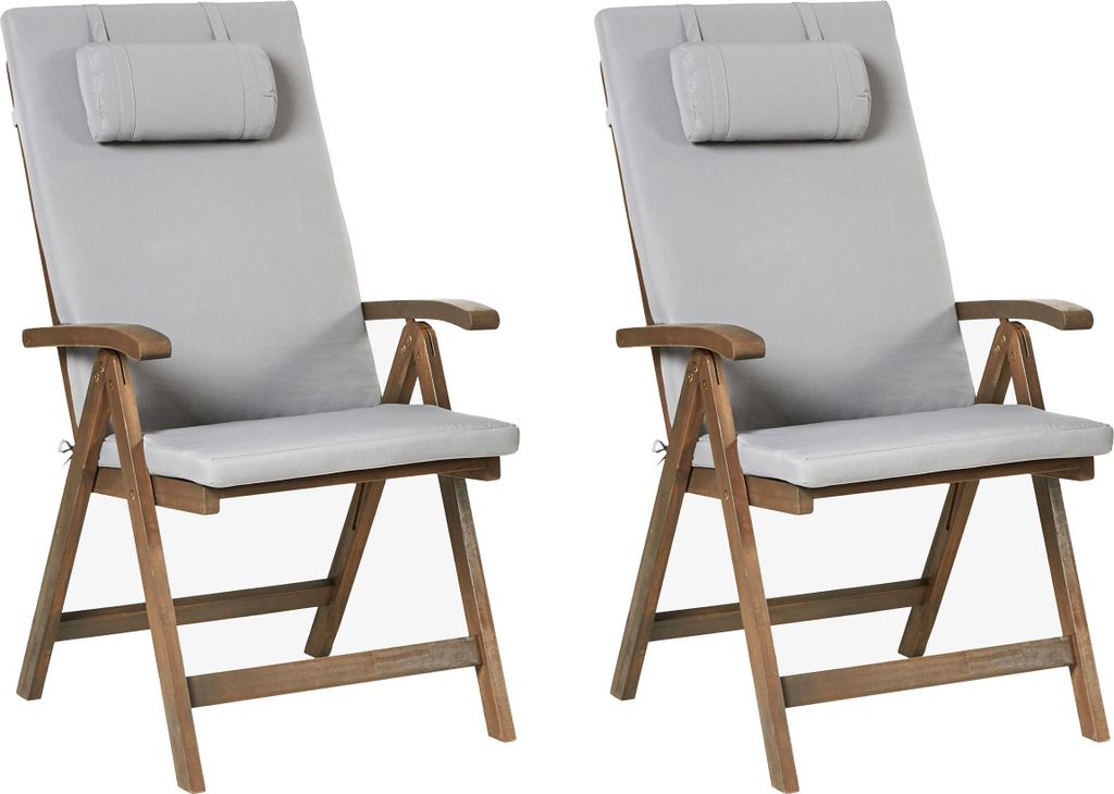 BELIANI Gartenstuhl 2er Set Dunkelbraun und Hellgrau Akazienholz Verstellbar Klappbar mit Auflagen Armlehnen Lamellen-Optik Rustikal Außenbereich