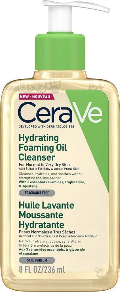 A bottle of CeraVe Hydrating Foaming Oil Cleanser.