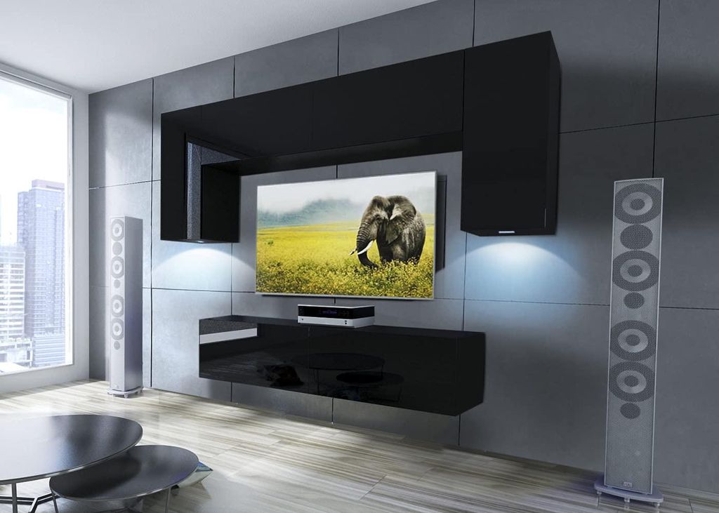 Furnitech Wohnwand Wohnzimmer - Wohnzimmer Möbel mit LED Blau - Hängend Wohnwand Modern - Wohnzimmer Schrankwand mit Regale und TV Schrank (Futur...