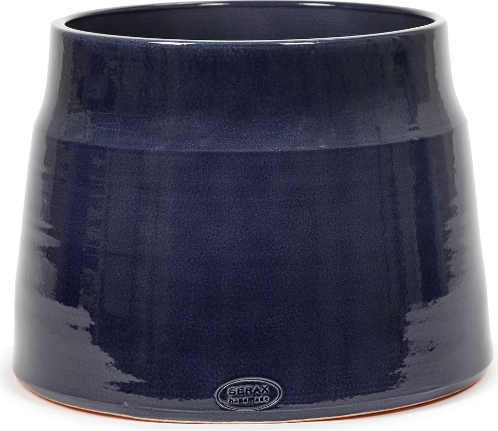 A dark blue ceramic pot with a textured finish.