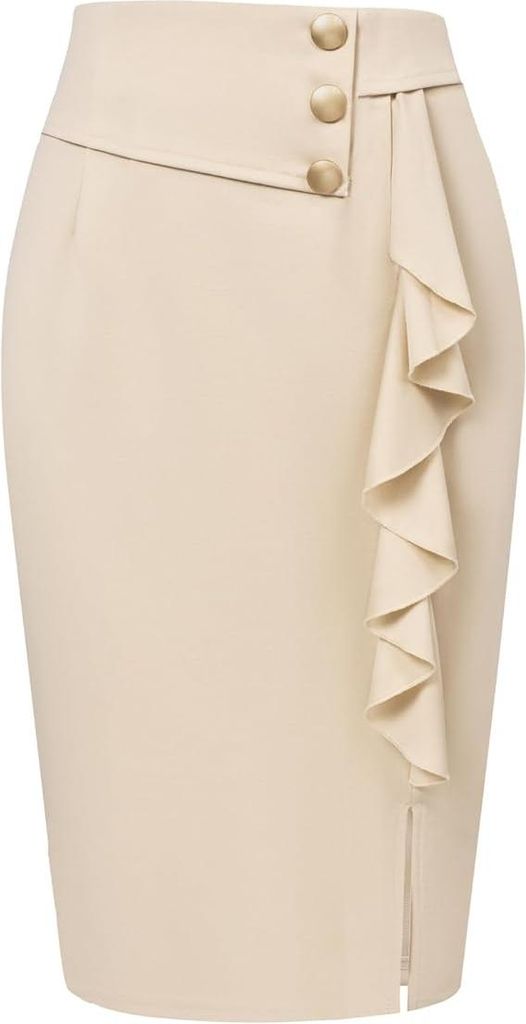 Damen Bleistiftrock mit Schlitz und Rüschen, Beige, High Produktbild 