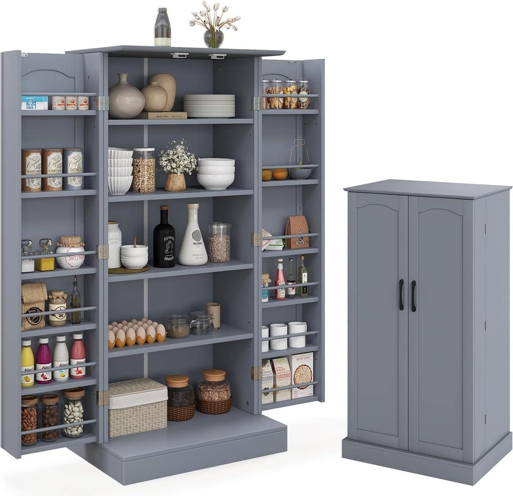 A gray pantry cabinet with its doors open, displaying shelves filled with various food items and kitchenware. A smaller, closed version of the same cabinet is shown to the right.
