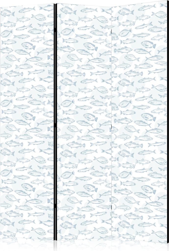 3-teiliger Doppelseitiger Vlies Paravent - Blue Fish - Blue Outlines of Various Species of Fish on a White-Blue Background 135x172 cm Tiere g-C-101...