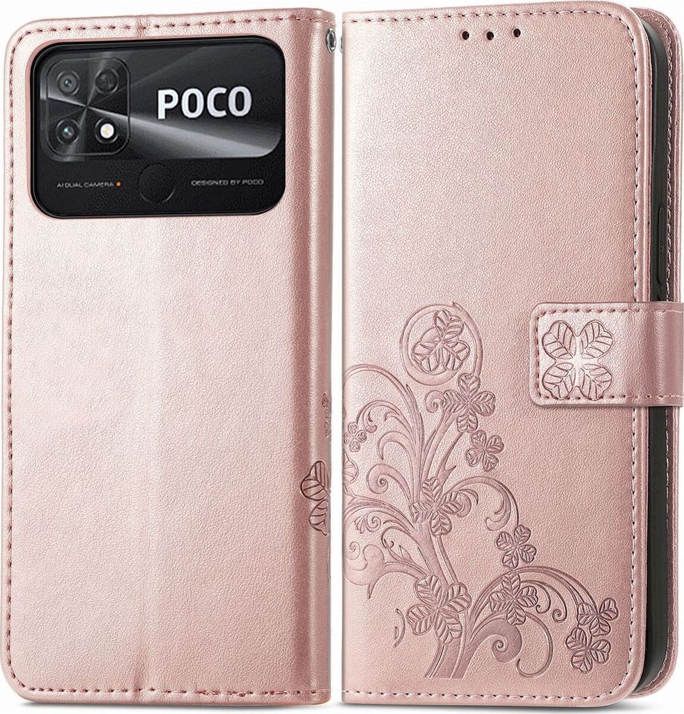 Mobigear Clover POCO C40 Hülle Klapphülle Geldbörse - Roségold