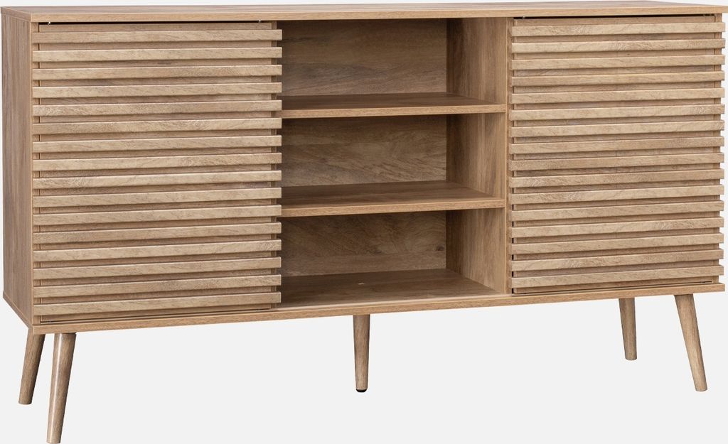 A light brown wooden sideboard with slatted sliding doors and three open shelves.