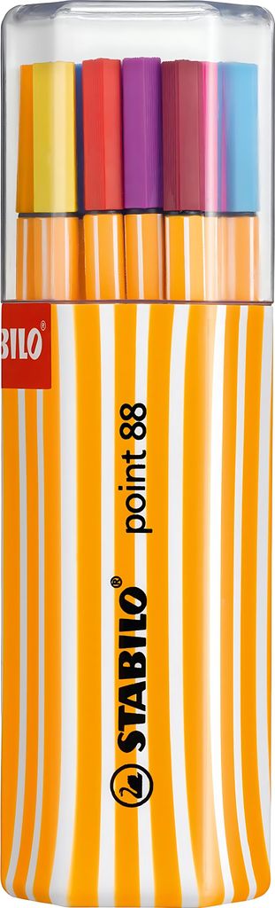 A set of STABILO point 88 fineliner pens in a clear plastic case with an orange and white striped design.
